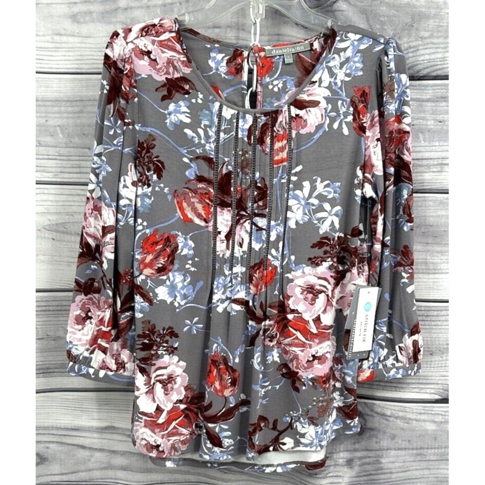 DAINEL RAINN STITCH FIX BRANWEN PLEATED KNIT TOP Women's Size Small GREY FLORAL